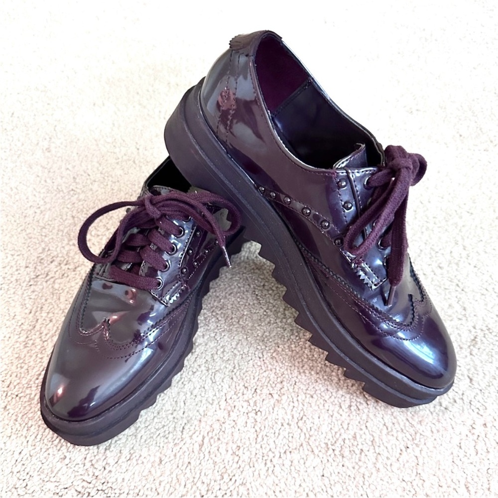 Zara Burgundy Patent Leather Platform Brogues - Size 7.5 - Picture 2 of 9